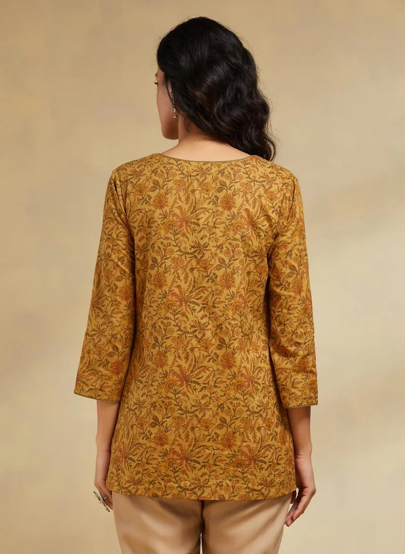 فاب انديا Mustard Cotton Slim Fit Printed Short Kurta