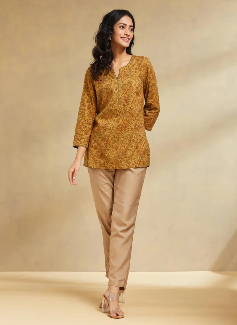 فاب انديا Mustard Cotton Slim Fit Printed Short Kurta