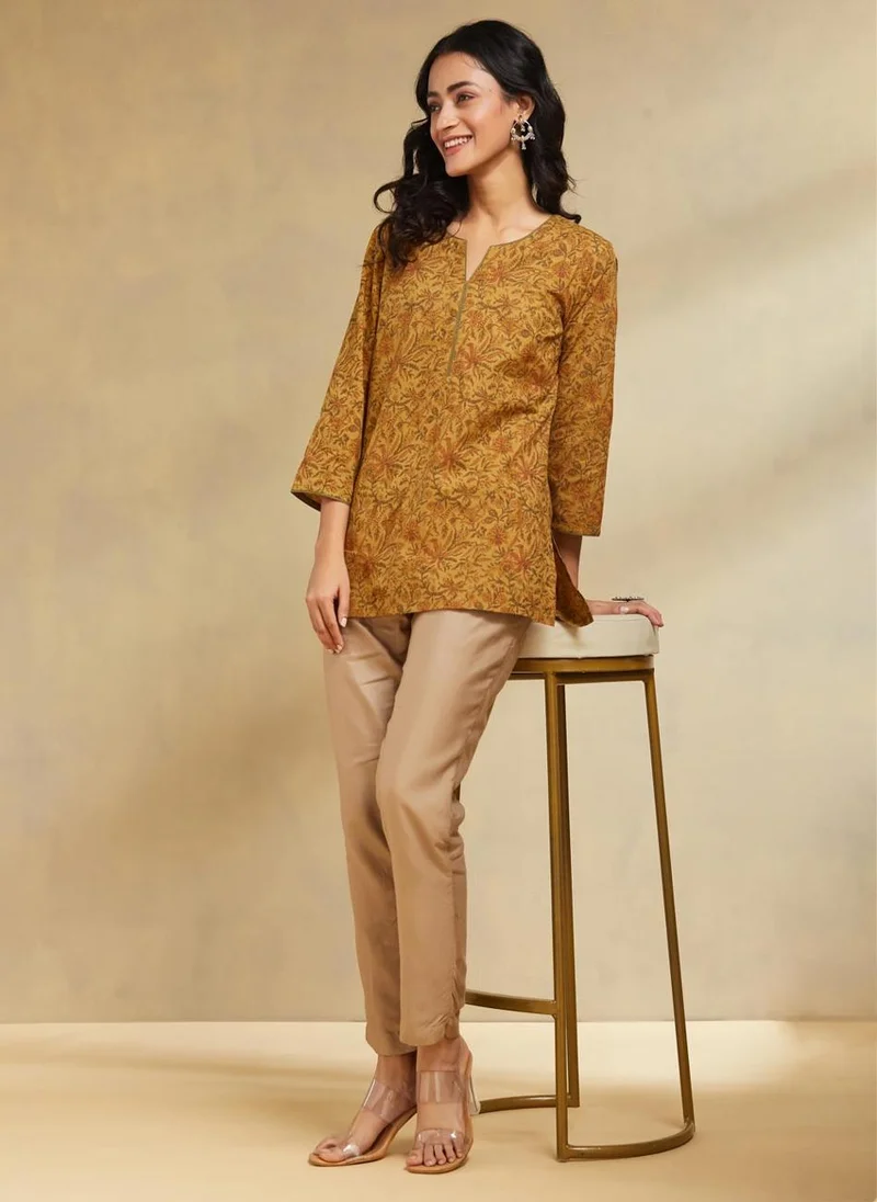 فاب انديا Mustard Cotton Slim Fit Printed Short Kurta