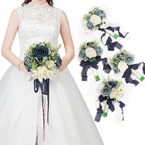 YSUCAU YSUCAU Set of 4 Bridesmaid Bouquets for Wedding 7 Inch Bride Bridal Bouquet Tossing Rustic Bouquet for Vintage Wedding Ceremony Anniversary Romantic Dusty Blue 