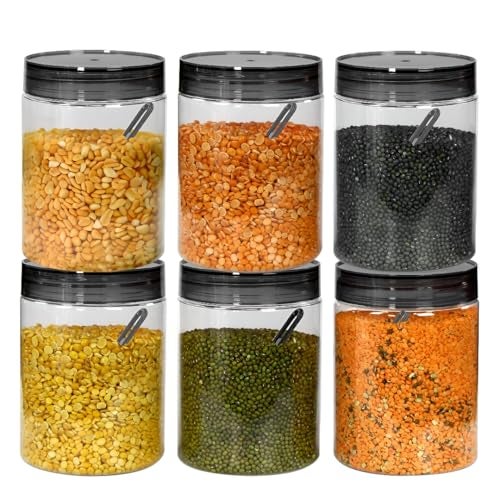 Homeor Plastic Storage Jar & Containers With Spoon, Airtight & BPA Free Containers for Kitchen Storage, Grocery Kitchen Container, Multipurpose Jar, Fridge Storage Container, 1200 ML Set 6, Black - Image 1