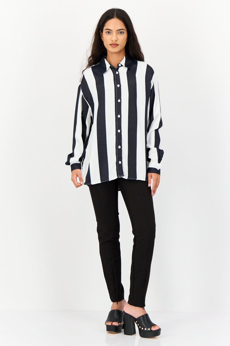 KOTON Women Spread Collar Long Sleeves Stripe Shirt, Multicolor - Image 3