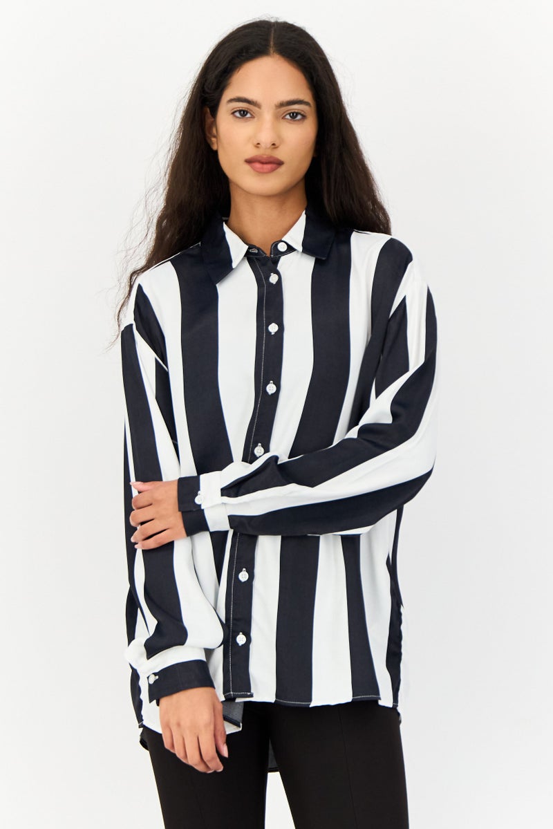 KOTON Women Spread Collar Long Sleeves Stripe Shirt, Multicolor - Image 1