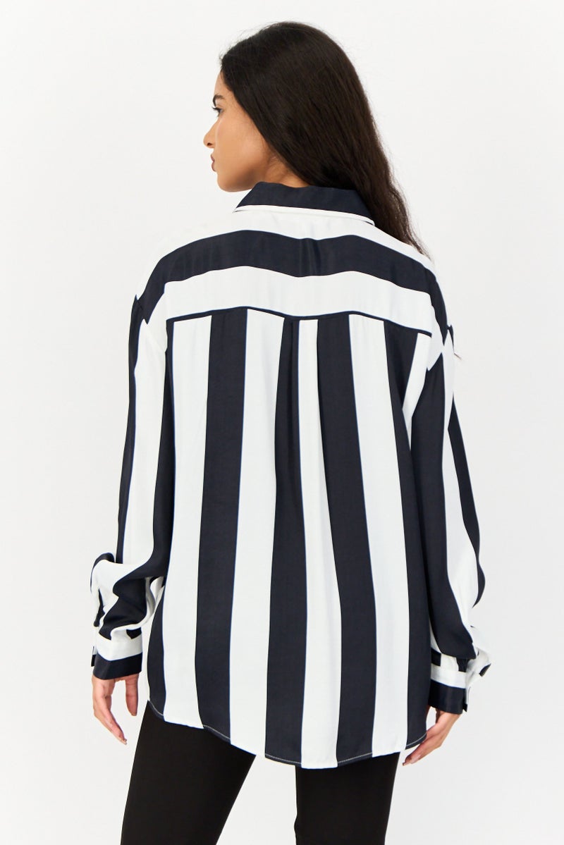 KOTON Women Spread Collar Long Sleeves Stripe Shirt, Multicolor - Image 4