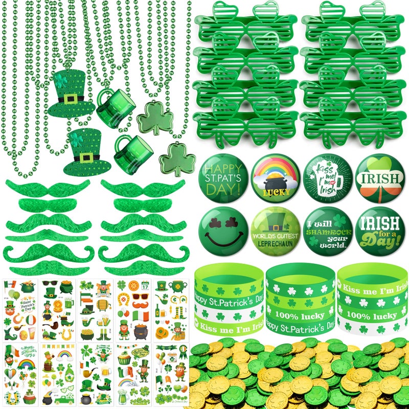 DMIGHT 188Pcs St Patricks Day Accessories Party Favor Set Necklaces Shamrock Glasses Mustaches Bracelets Badges Tattoo Stickers Coins for Irish Party Supplies - Image 3