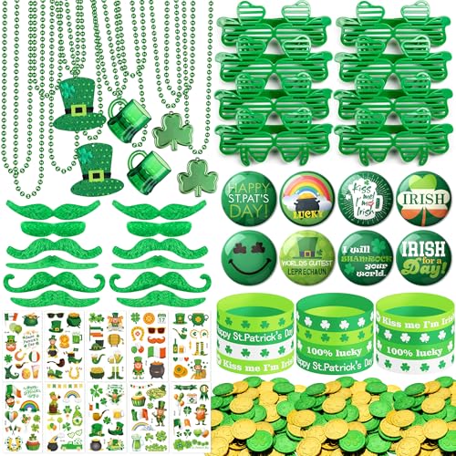 DMIGHT 188Pcs St Patricks Day Accessories Party Favor Set Necklaces Shamrock Glasses Mustaches Bracelets Badges Tattoo Stickers Coins for Irish Party Supplies - Image 1