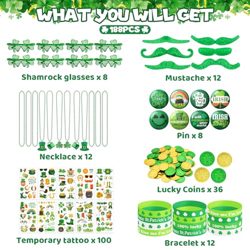 DMIGHT 188Pcs St Patricks Day Accessories Party Favor Set Necklaces Shamrock Glasses Mustaches Bracelets Badges Tattoo Stickers Coins for Irish Party Supplies - Image 5