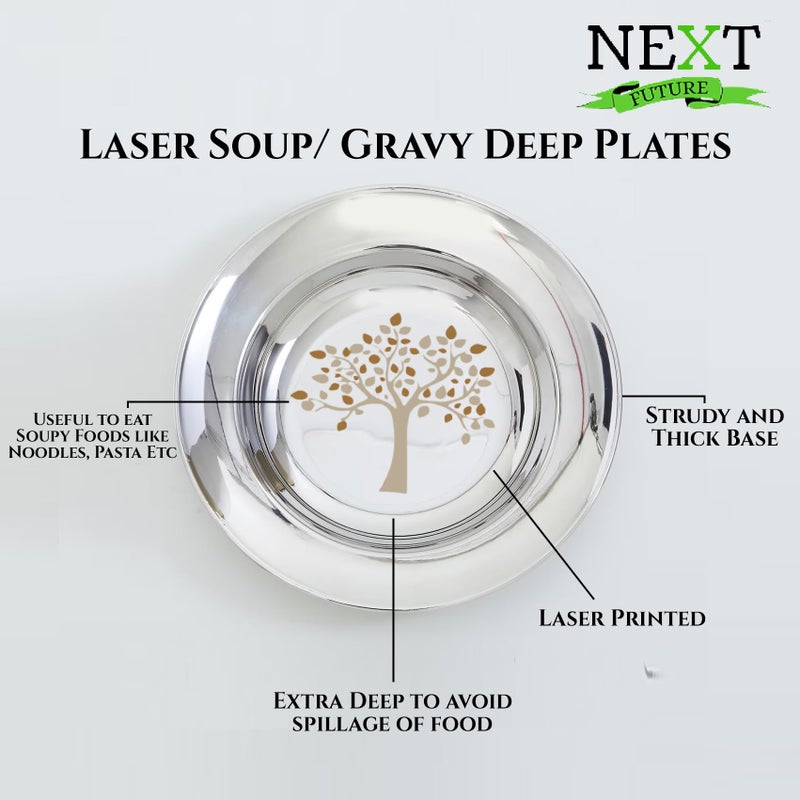 Next Future, Set of 6 Plates, Stainless Steel Deep Soup/Breakfast/Maggi/Pasta/Gravy Plate Large Size with Laser Print (Heavy Gauge) Soup Plate - Diameter: 10 Inches/ 25.4 cms - Image 2
