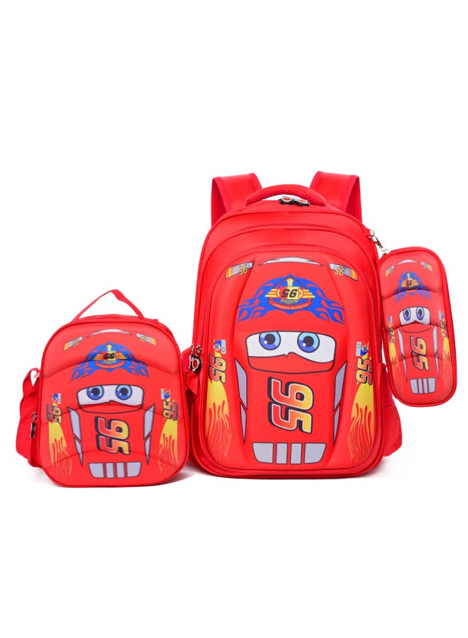 3D Schoolbag 3-piece Set 1-6 Grade Primary School Children's Backpack Cartoon Pen Bag Lunch Bag Can Be Set With Pull Rod-Color:Red 95 Car Three-piece Set (ordinary Back) - Image 1