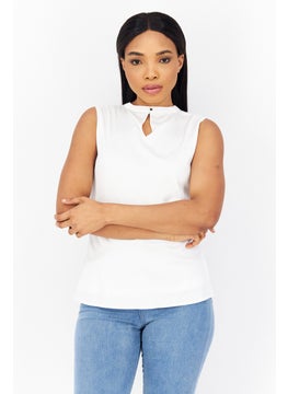 Zero Women Crew Neck Sleeveless Plain Top, White  - Image 1