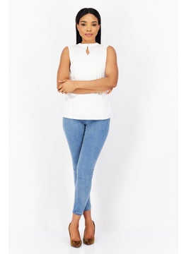 Zero Women Crew Neck Sleeveless Plain Top, White  - Image 4