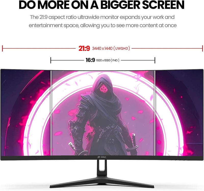 CRUA شاشة ألعاب 34 بوصة UWQHD 165Hz فائقة العرض 21:9 منحنية 1500R، دقة 3440x1440، PIP/PBP، 120% sRGB، FreeSync، سرعة 1ms (GTG)، مناسبة للألعاب الإلكترونية والأعمال والاستخدام المكتبي - Image 2