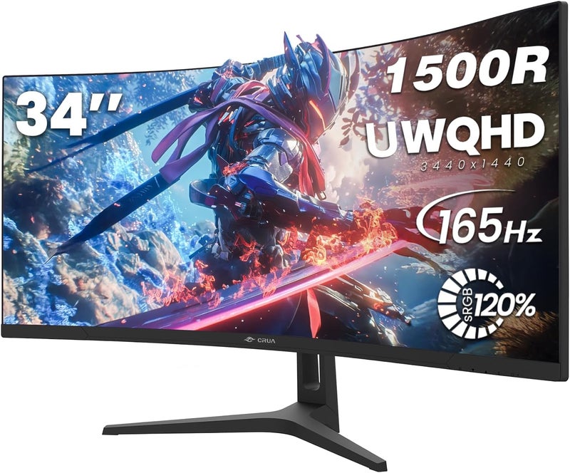 CRUA شاشة ألعاب 34 بوصة UWQHD 165Hz فائقة العرض 21:9 منحنية 1500R، دقة 3440x1440، PIP/PBP، 120% sRGB، FreeSync، سرعة 1ms (GTG)، مناسبة للألعاب الإلكترونية والأعمال والاستخدام المكتبي - Image 1