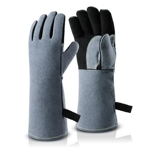 OZERO 932°F Heat Resistant Welding Gloves 16 inches Cowhide Leather - Long Sleeve and Insulated Lining BBQ Glove for Tig Welder/Mig/Grill/Barbecue/Stove Black-gray - Image 1