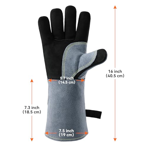 OZERO 932°F Heat Resistant Welding Gloves 16 inches Cowhide Leather - Long Sleeve and Insulated Lining BBQ Glove for Tig Welder/Mig/Grill/Barbecue/Stove Black-gray - Image 2