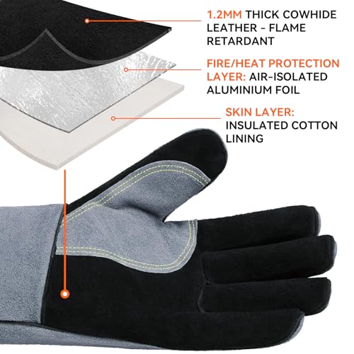 OZERO 932°F Heat Resistant Welding Gloves 16 inches Cowhide Leather - Long Sleeve and Insulated Lining BBQ Glove for Tig Welder/Mig/Grill/Barbecue/Stove Black-gray - Image 3
