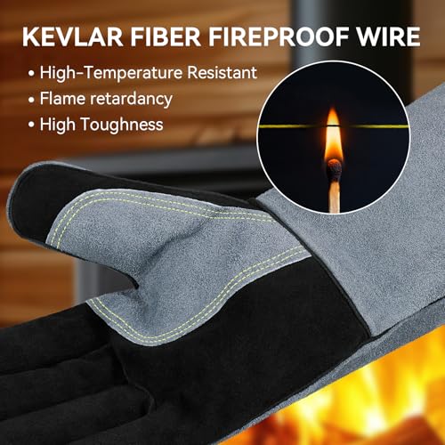 OZERO 932°F Heat Resistant Welding Gloves 16 inches Cowhide Leather - Long Sleeve and Insulated Lining BBQ Glove for Tig Welder/Mig/Grill/Barbecue/Stove Black-gray - Image 4