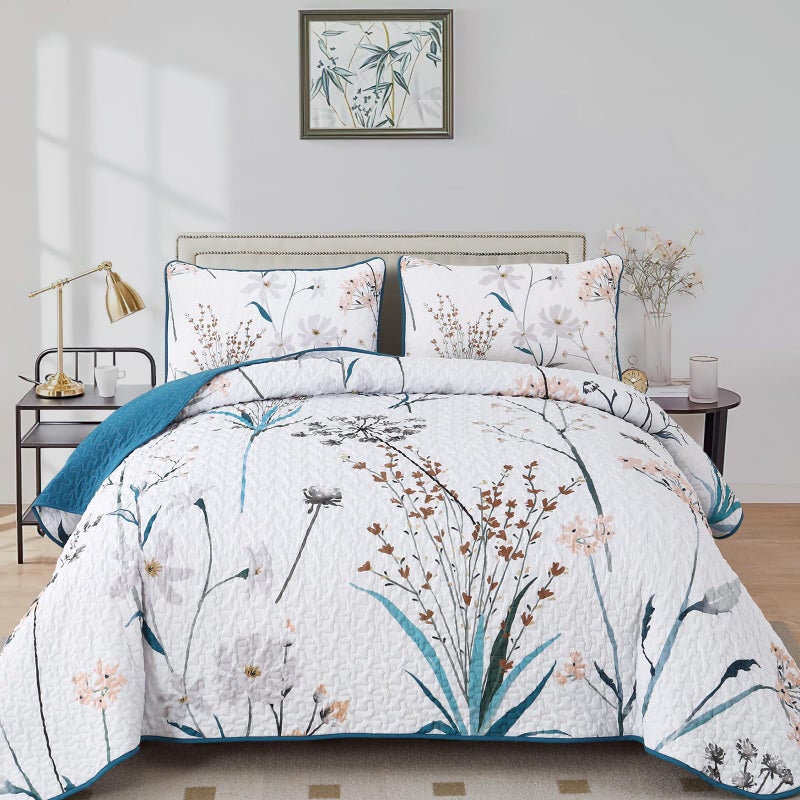 Dobuyly Teal Quilt Queen Size Floral Botanical Queen Quilt Bedding Set 3 Pieces Soft Lightweight Microfiber Flower Bedspread Coverlet Set for All Season 96x90