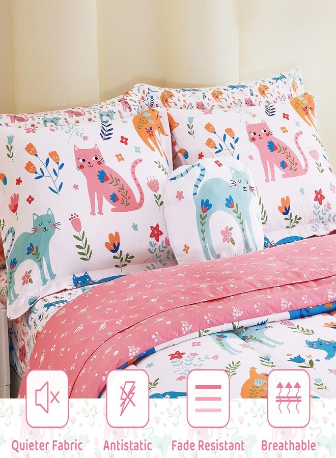 Mooreeke Kids Twin Comforter Sets for Girls 6 Pieces Cute Cat Flower Bedding Set for Teens Microfiber Floral Kids Bed in A Bag with Comforter, Sheet Set, Shams and Decorative Toy Pillow All Season - Image 2