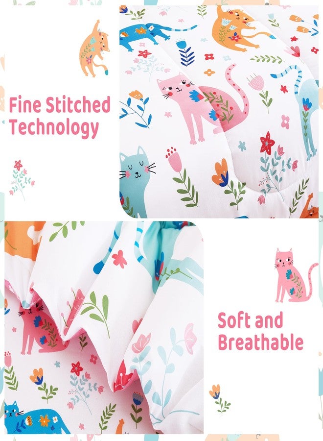 Mooreeke Kids Twin Comforter Sets for Girls 6 Pieces Cute Cat Flower Bedding Set for Teens Microfiber Floral Kids Bed in A Bag with Comforter, Sheet Set, Shams and Decorative Toy Pillow All Season - Image 4
