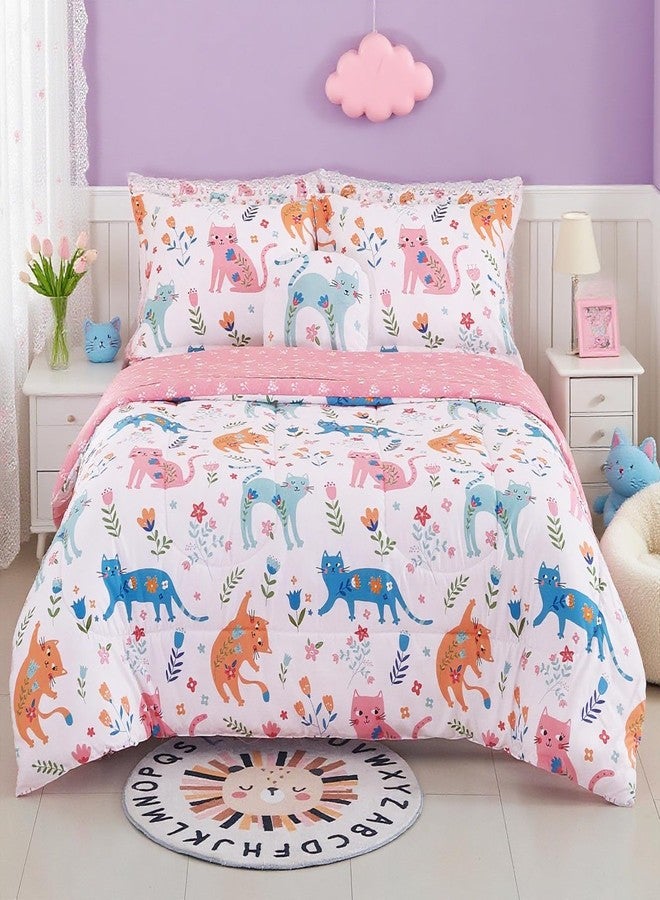 Mooreeke Kids Twin Comforter Sets for Girls 6 Pieces Cute Cat Flower Bedding Set for Teens Microfiber Floral Kids Bed in A Bag with Comforter, Sheet Set, Shams and Decorative Toy Pillow All Season - Image 1