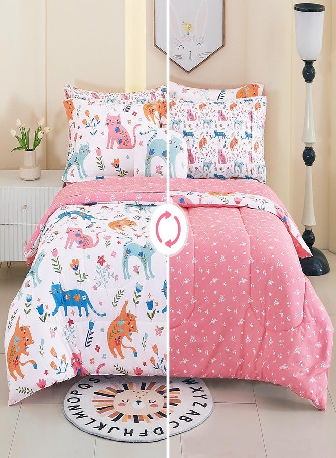 Mooreeke Kids Twin Comforter Sets for Girls 6 Pieces Cute Cat Flower Bedding Set for Teens Microfiber Floral Kids Bed in A Bag with Comforter, Sheet Set, Shams and Decorative Toy Pillow All Season - Image 3