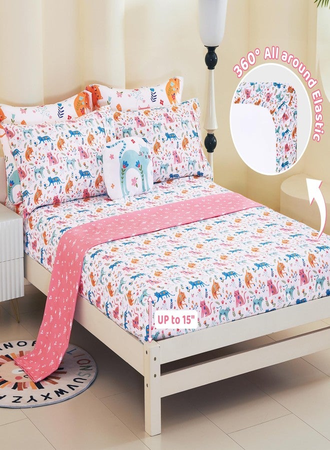 Mooreeke Kids Twin Comforter Sets for Girls 6 Pieces Cute Cat Flower Bedding Set for Teens Microfiber Floral Kids Bed in A Bag with Comforter, Sheet Set, Shams and Decorative Toy Pillow All Season - Image 5