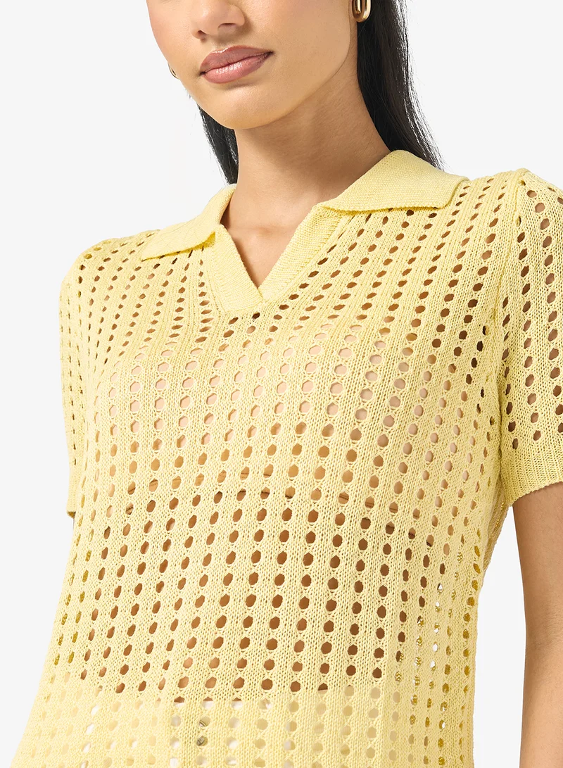 Ginger Knitted Openwork Collared Top