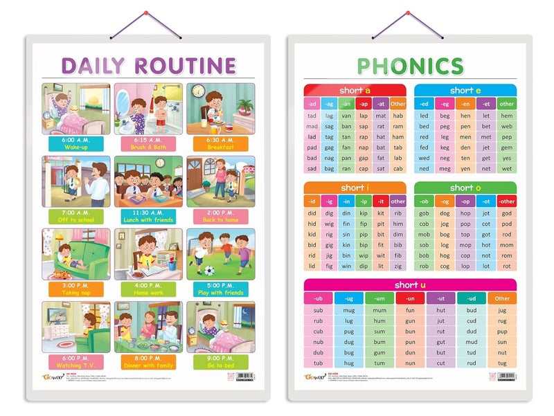 GoWoo Set of 2 DAILY ROUTINE and PHONICS - 1 Early Learning Educational Charts for Kids | 20"X30" inch |Non-Tearable and Waterproof | Double Sided Laminated | Perfect for Homeschooling, Kindergarten and Nursery Students - Image 1