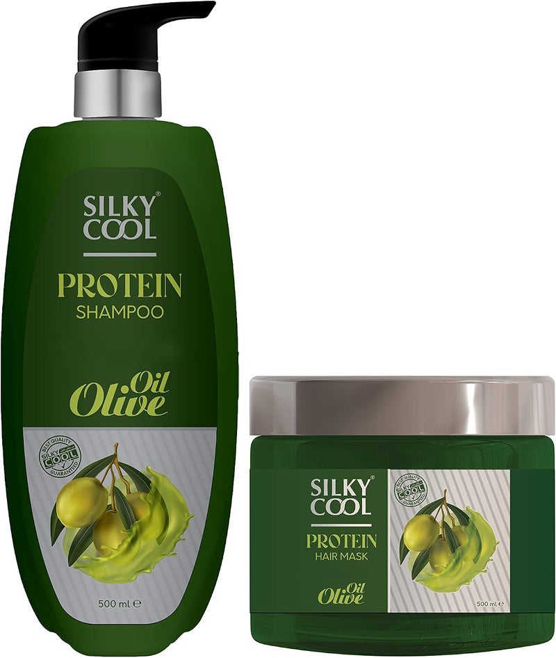 Silky Cool Protein Shampoo & Mask With Natural Olive Oil Extract - Anti Hair Loss Treatment - Image 1