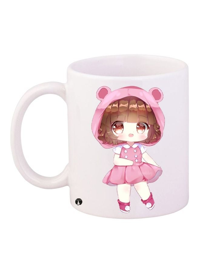 Cartoon Girl Printed Coffee Mug White/Pink/Brown 11ounce
