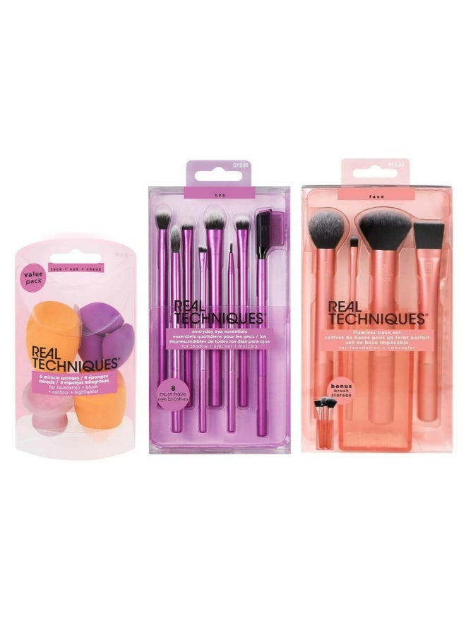 REAL TECHNIQUES Flawless Base Brush Set and Eyeshadow Brush Set with 6 Miracle Sponges Multicolour - Image 1