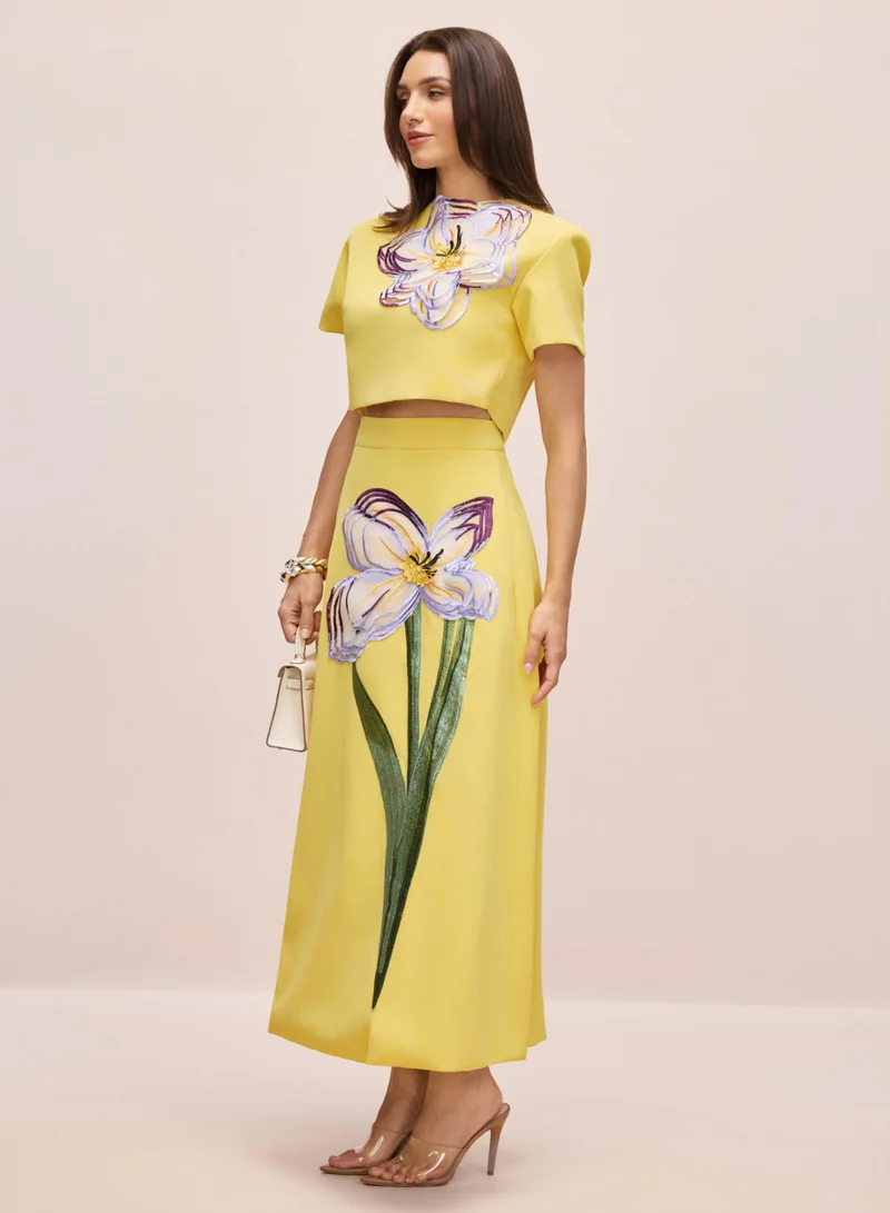 سنفير طقم بلوزة وتنورة قصيرة بتطريز زهور الأنجليكا