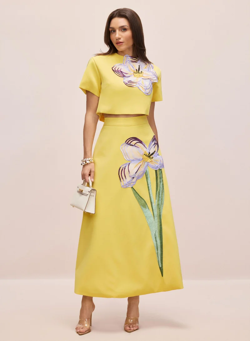 سنفير طقم بلوزة وتنورة قصيرة بتطريز زهور الأنجليكا