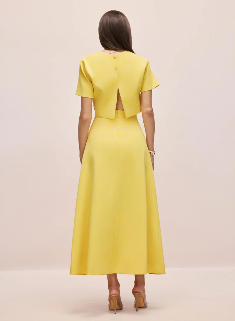 Sunfere Yellow Angelica Floral Applique Short Sleeve Top & Skirt Set for Women | Best Price UAE