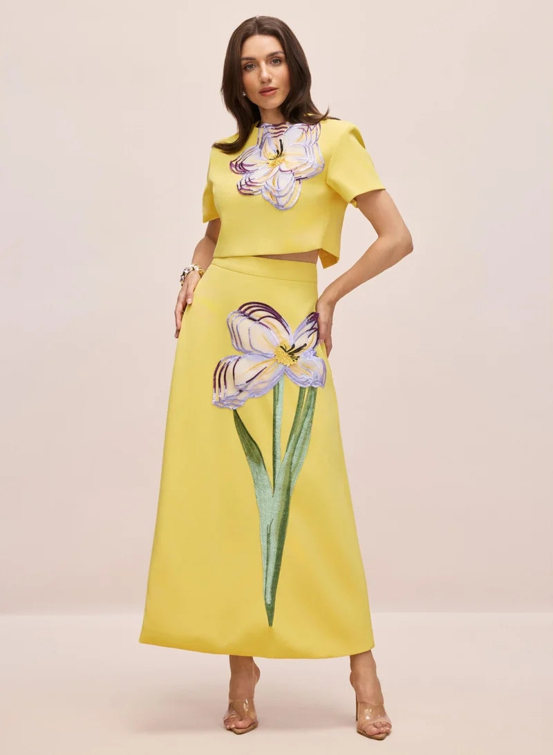Sunfere Yellow Angelica Floral Applique Short Sleeve Top & Skirt Set for Women | Best Price UAE