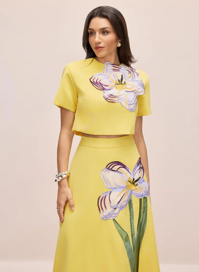 Sunfere Yellow Angelica Floral Applique Short Sleeve Top & Skirt Set for Women | Best Price UAE