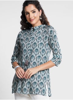 Blue Floral Boota Print Rayon Top