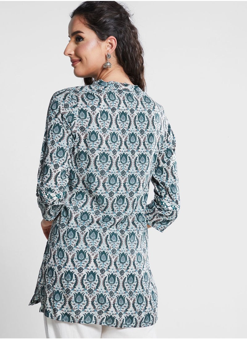 indya - Blue Floral Boota Print Rayon Top - Image 1
