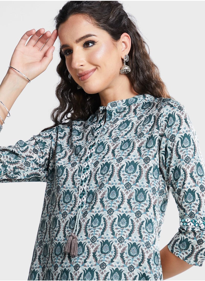 indya - Blue Floral Boota Print Rayon Top - Image 1