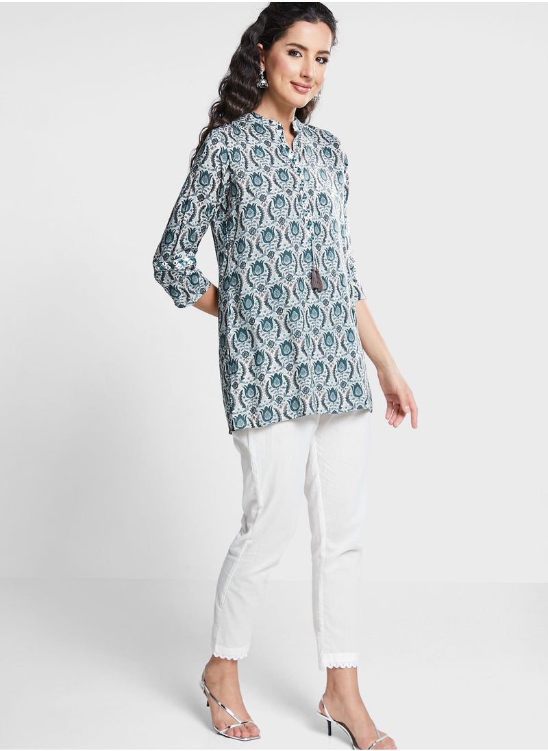 indya - Blue Floral Boota Print Rayon Top - Image 1