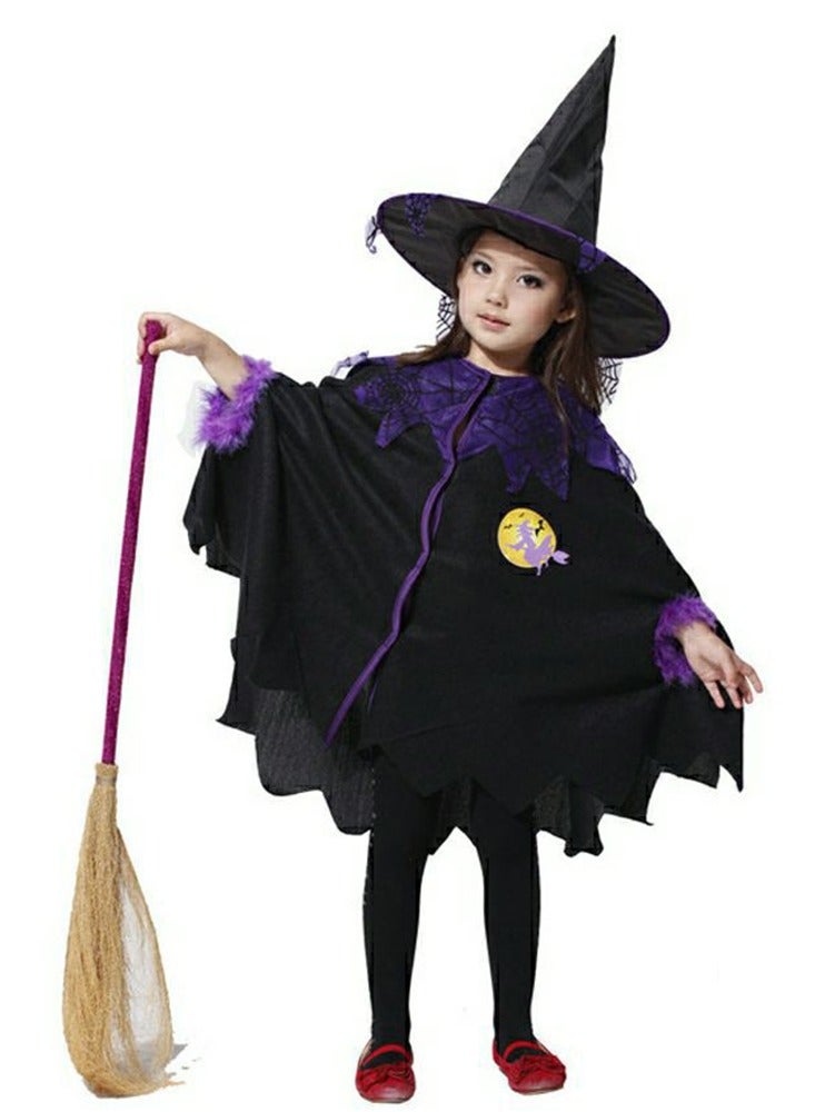 CityRiya-Long Kids Costumes Cape Witch Cloak Black Witch Cloak Girls Costumes Cape Robe Cosplay Party Cloak Devil Witch Wizard Robe with Hat & Broom Kids Fancy Party Dress Up Costumes for Kids Height 110cm - Image 1