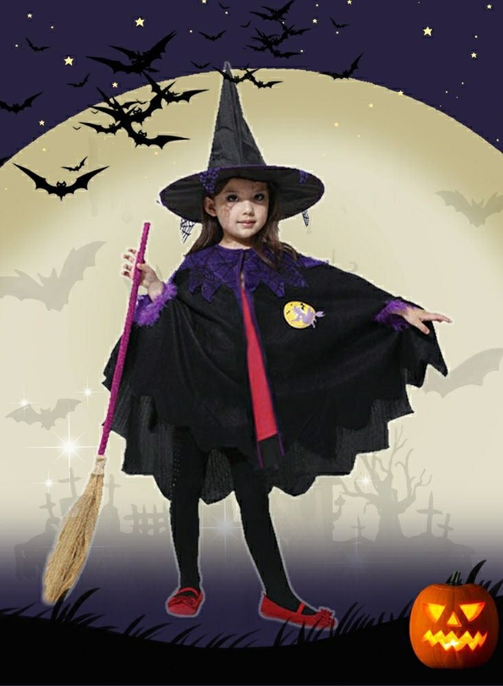 CityRiya-Long Kids Costumes Cape Witch Cloak Black Witch Cloak Girls Costumes Cape Robe Cosplay Party Cloak Devil Witch Wizard Robe with Hat & Broom Kids Fancy Party Dress Up Costumes for Kids Height 110cm - Image 4