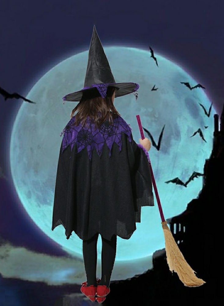 CityRiya-Long Kids Costumes Cape Witch Cloak Black Witch Cloak Girls Costumes Cape Robe Cosplay Party Cloak Devil Witch Wizard Robe with Hat & Broom Kids Fancy Party Dress Up Costumes for Kids Height 110cm - Image 5