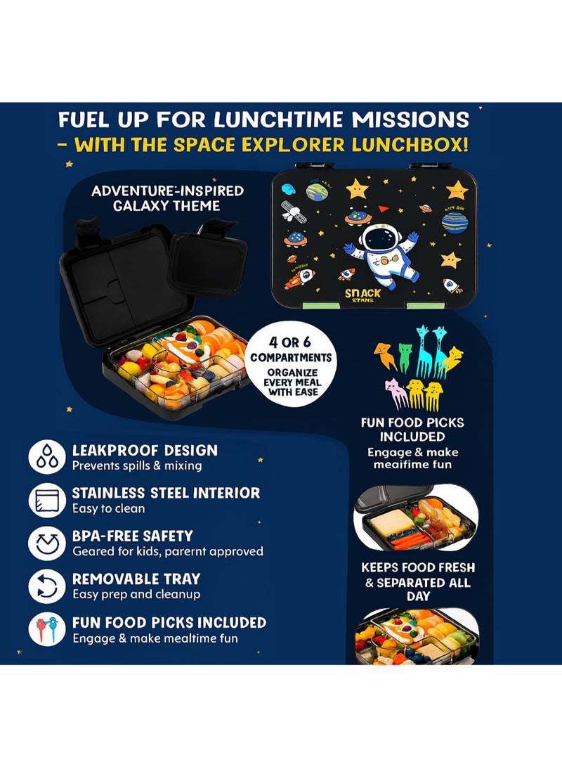 Snack Attack Space Astronaut Kids Bento Lunch Box – Convertible 4 or 6 Compartment Leakproof Stainless Steel Lunchbox with Silicone Seal – BPA-Free – Bonus Food Picks – Galaxy Artwork - Image 5