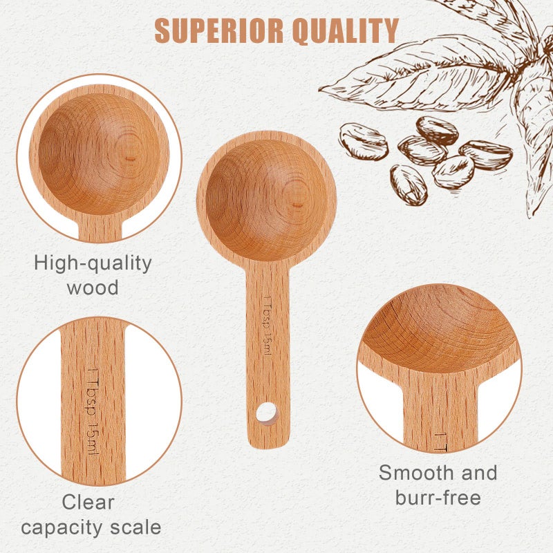 AIEX 4pcs 15ml Wood Coffee Scoops, Coffee Spoon in Beech Wooden Measuring Spoons Set Ground Coffee Scoop 1 Tablespoon for Measuring Ground Beans Tea Home Kitchen Accessories - Image 3