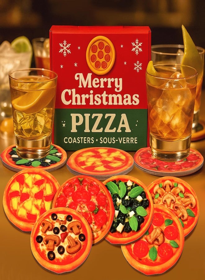 Potchen 6 Pcs 4 Inch Funny Pizza Gift Christmas Pizza Coasters Cool Coasters Stocking Stuffers for Adults Bulk with Mini Box for Drinks Living Room Kitchen Coffee Bar Decoration House Warming - Image 1