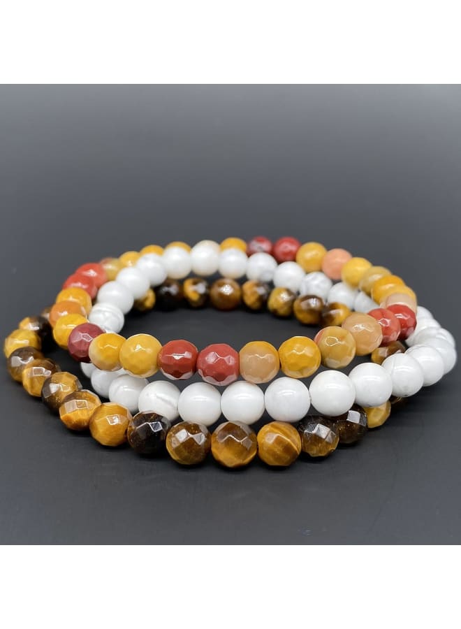 [ABCgems] 3-Bracelet Set (African Honey Tiger Eye- Faceted) & (American White Howlite- Smooth) & (Australian Rainbow Mookaite- Faceted) 5.5-6.5mm Natural Semi-Precious Gemstone Healing Energy Beads - Image 3