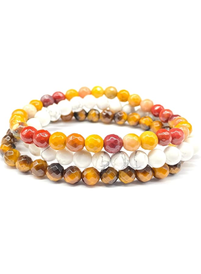 [ABCgems] 3-Bracelet Set (African Honey Tiger Eye- Faceted) & (American White Howlite- Smooth) & (Australian Rainbow Mookaite- Faceted) 5.5-6.5mm Natural Semi-Precious Gemstone Healing Energy Beads - Image 2