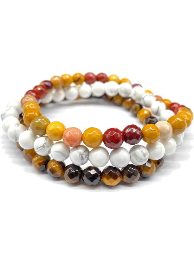 [ABCgems] 3-Bracelet Set (African Honey Tiger Eye- Faceted) & (American White Howlite- Smooth) & (Australian Rainbow Mookaite- Faceted) 5.5-6.5mm Natural Semi-Precious Gemstone Healing Energy Beads - Image 1